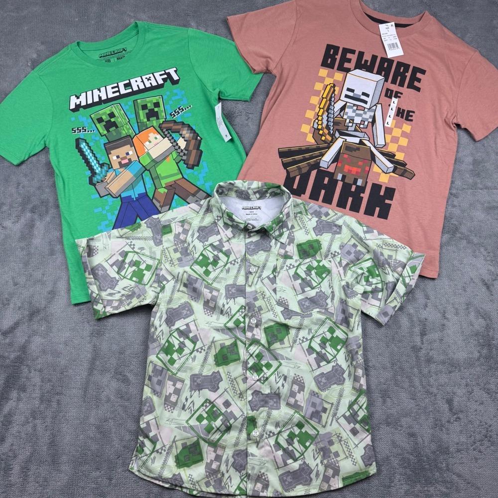 Minecraft Boys Shirt Lot 3pc Size 10/12 Graphic Tees & Creeper Button Down NEW